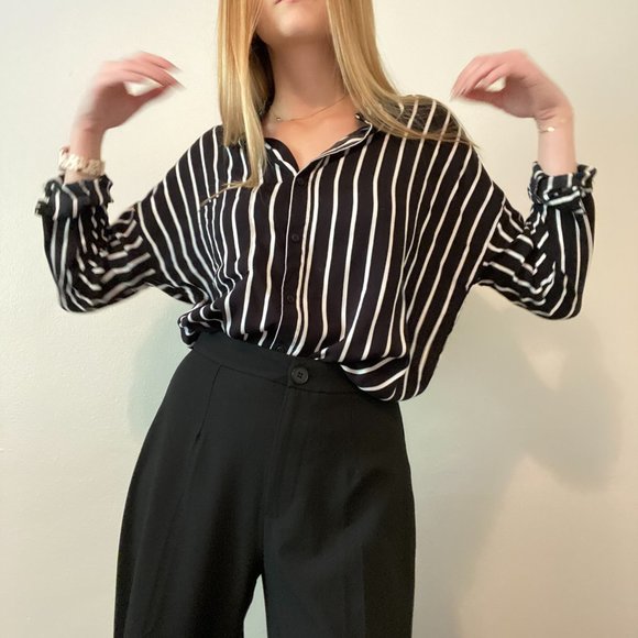 Vertical Black and White Striped Button Top - Picture 1 of 4